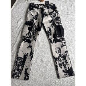 NWT REBEL Skeletons  Thick Tapestry 7-Pkt Clay Black Fringed Pants Men's Sz 28